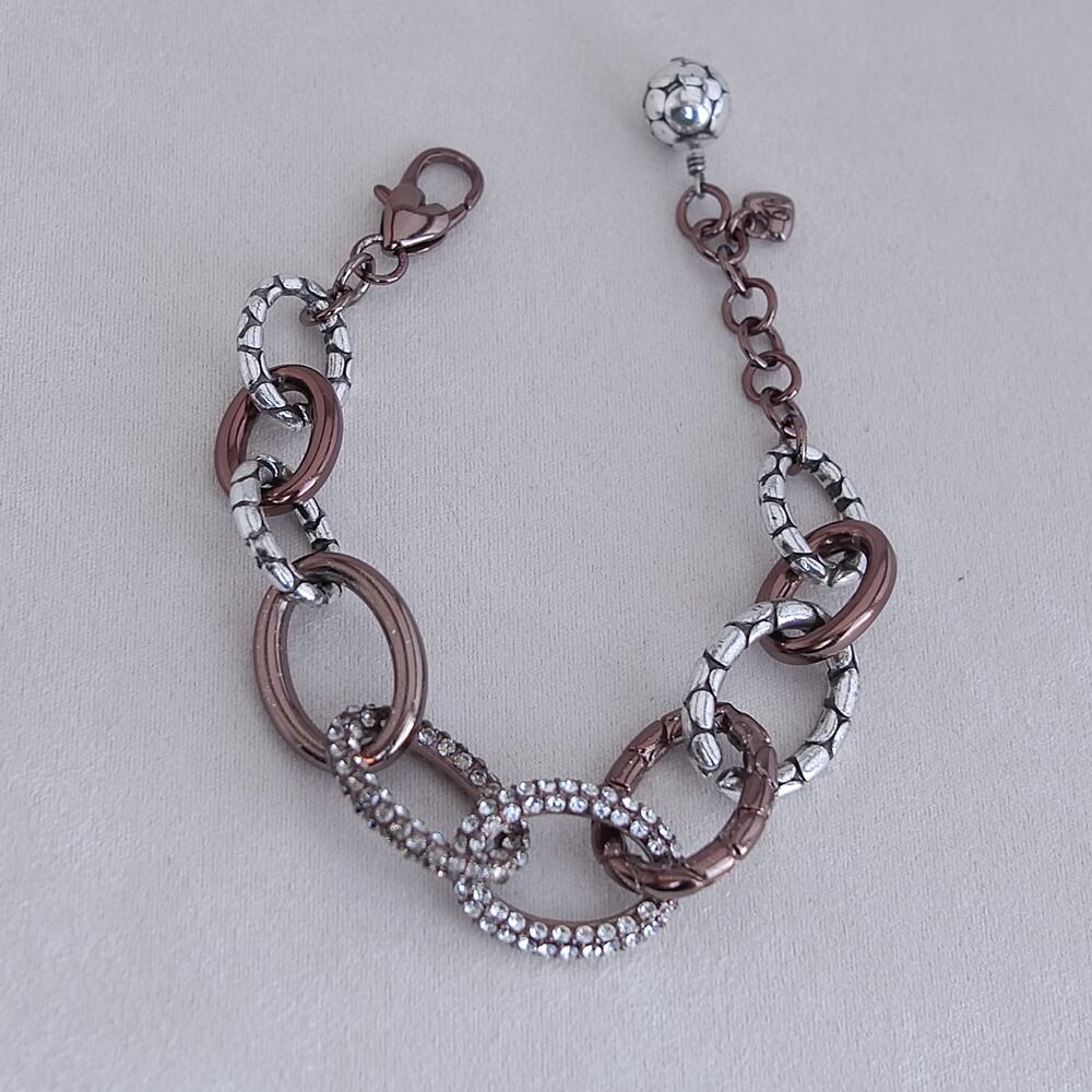 Brighton Pebble Pave Bracelet Bronze Tone Oval Link Crystal Retired 7-8"
